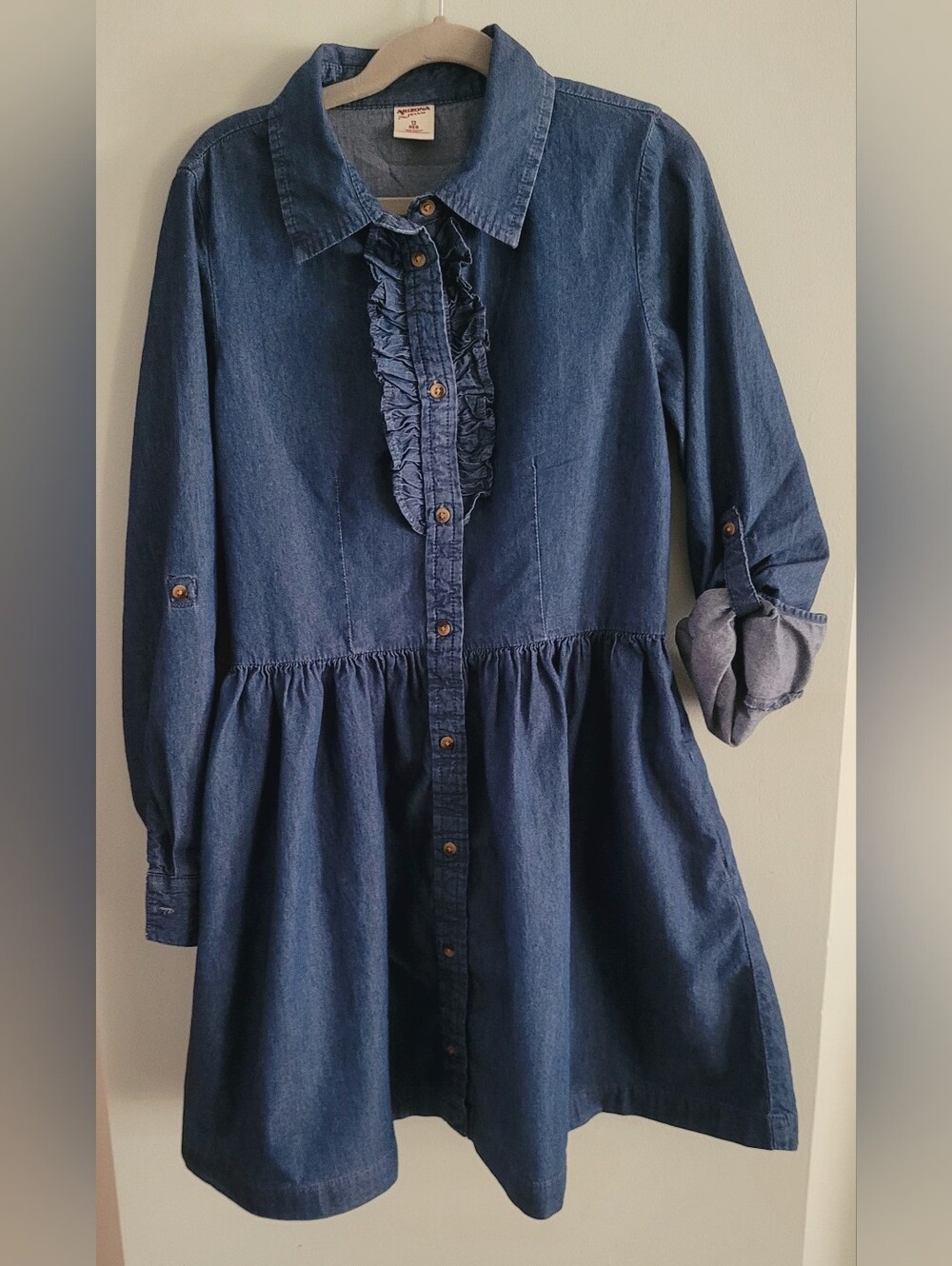 Girls Denim Ruffle-Front Shirt Dress - Blue